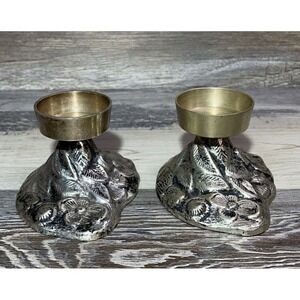 Floral Silver Tone Taper Candle Holder Set Of 2 / Unbranded